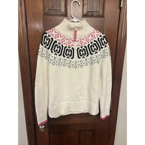 T by Talbots 1/4 Zip Sweater Fair Isle Women’s Small Pink Multicolor Wool Blend - Picture 1 of 7